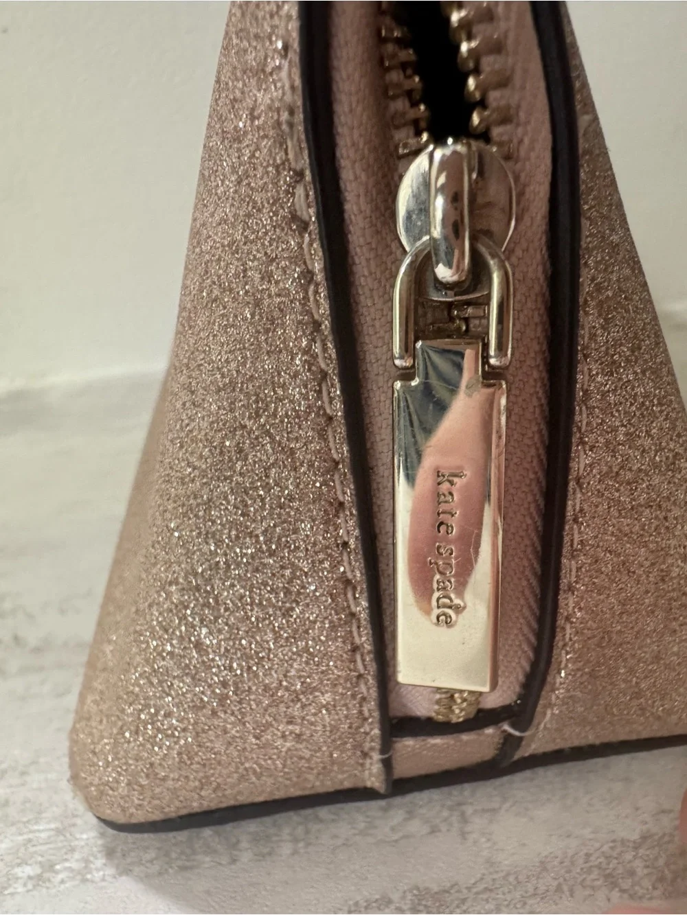 kate spade glitter zip cosmetic pouch in rose gold
